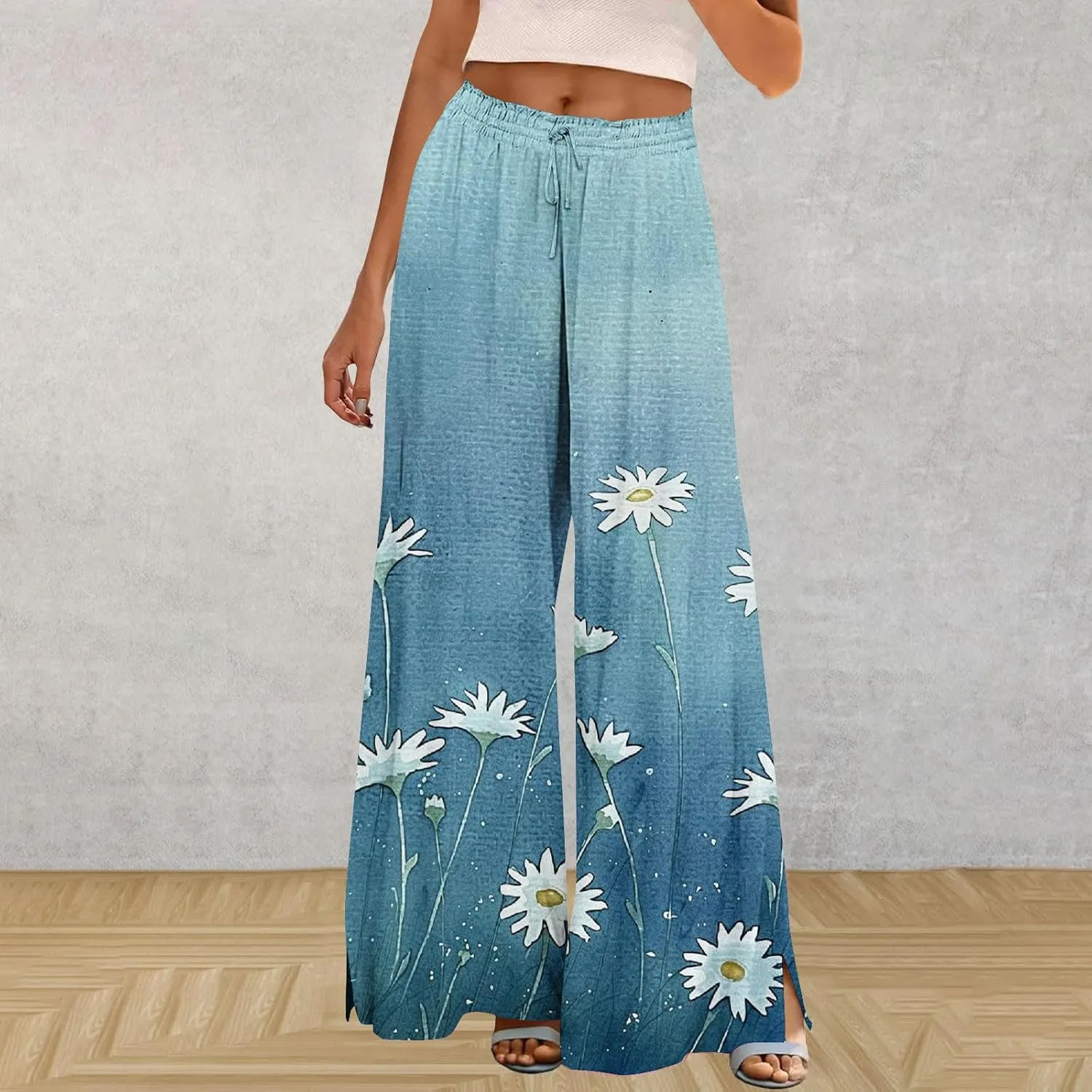 Boho Pants for Women Floral Printed Pant Drawstring Elastic Waist Wide Leg Summer Beach Baggy Trousers with Pocket