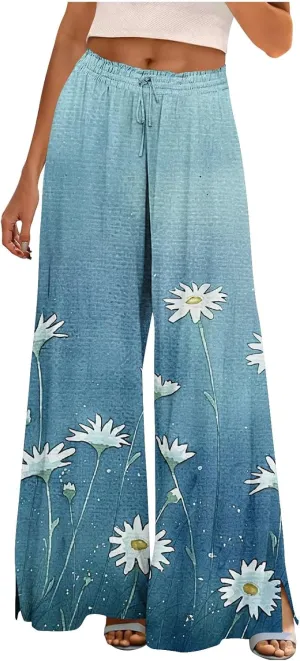 Boho Pants for Women Floral Printed Pant Drawstring Elastic Waist Wide Leg Summer Beach Baggy Trousers with Pocket