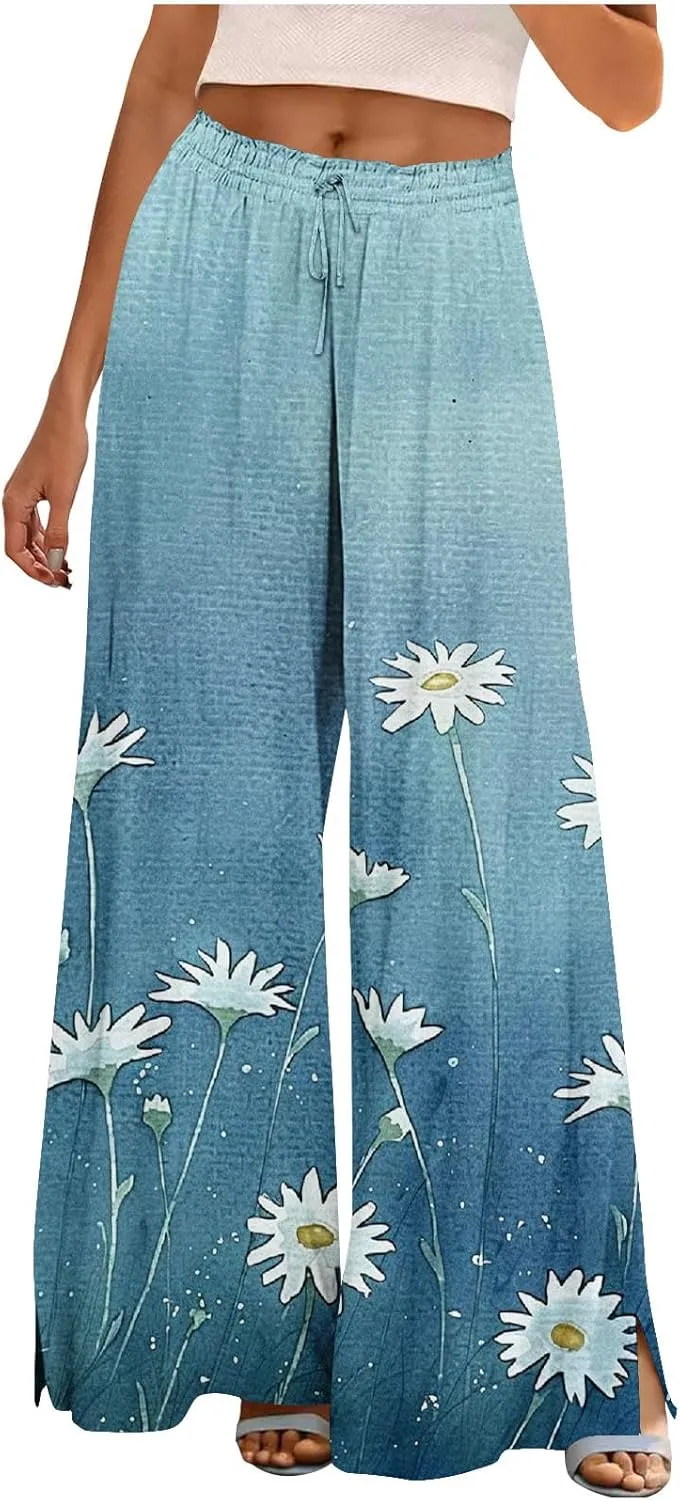 Boho Pants for Women Floral Printed Pant Drawstring Elastic Waist Wide Leg Summer Beach Baggy Trousers with Pocket