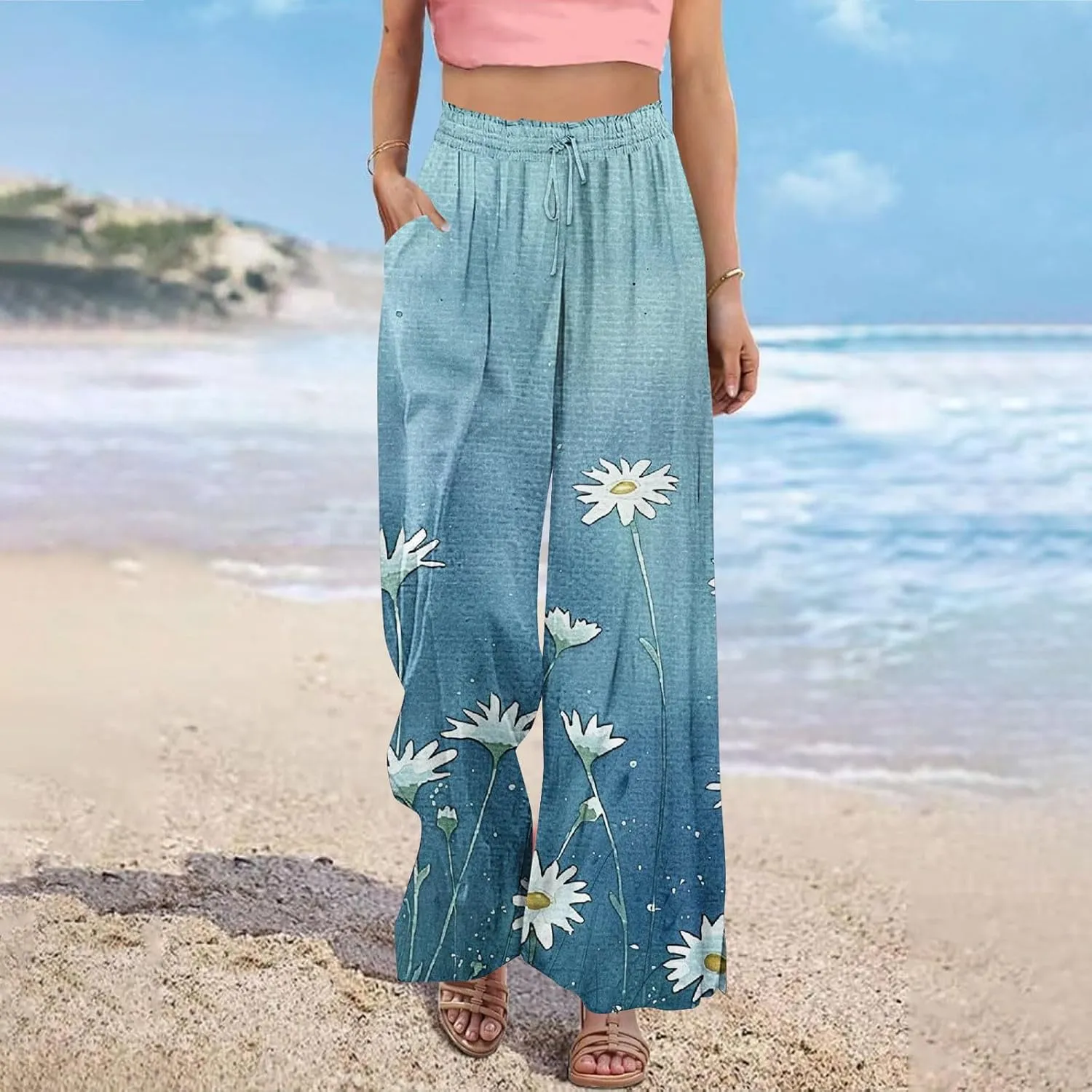 Boho Pants for Women Floral Printed Pant Drawstring Elastic Waist Wide Leg Summer Beach Baggy Trousers with Pocket