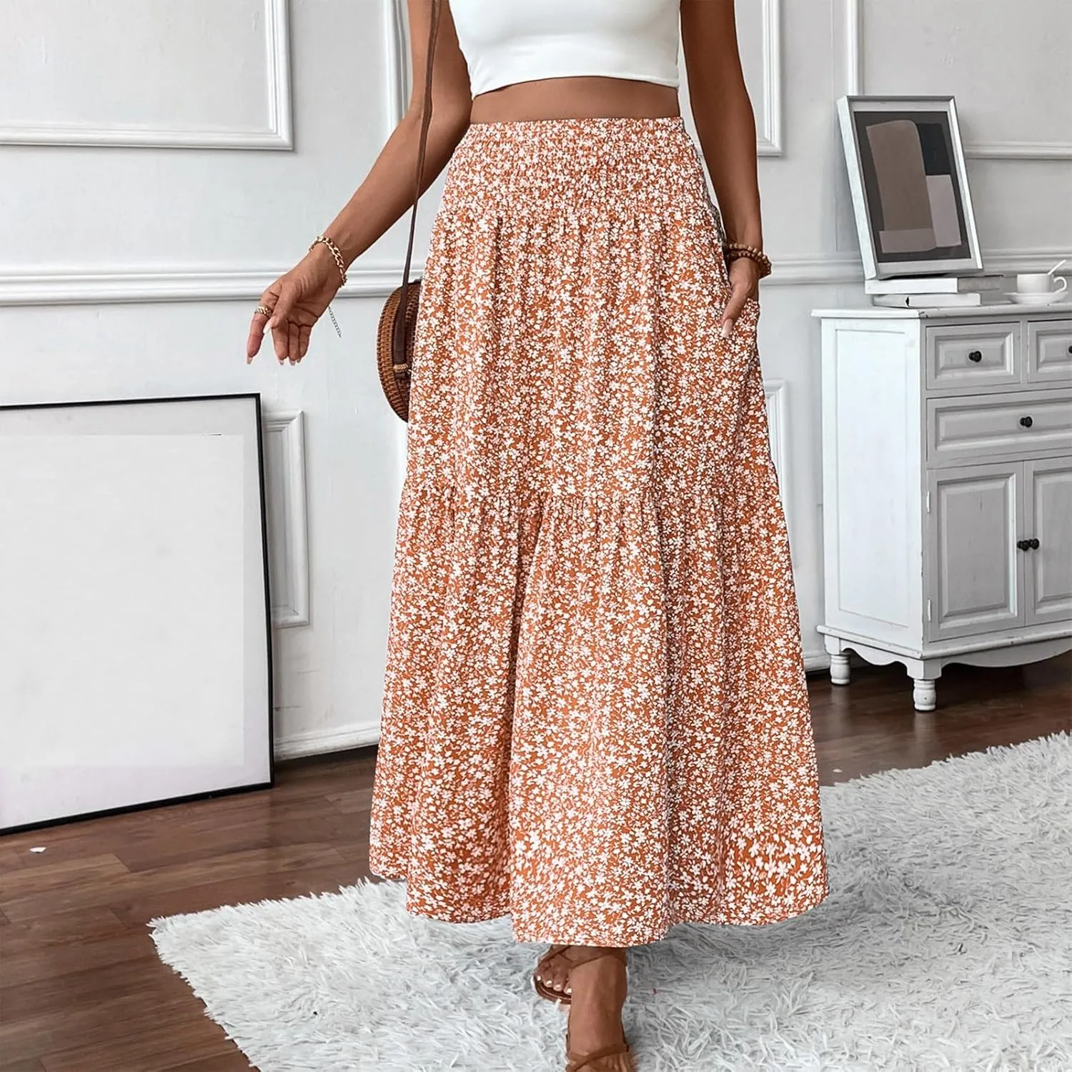 Boho Skirts for Women Floral Tiered Flowy Long Skirts 2025 Summer Beach Smocked Elastic High Skirt with Pocket