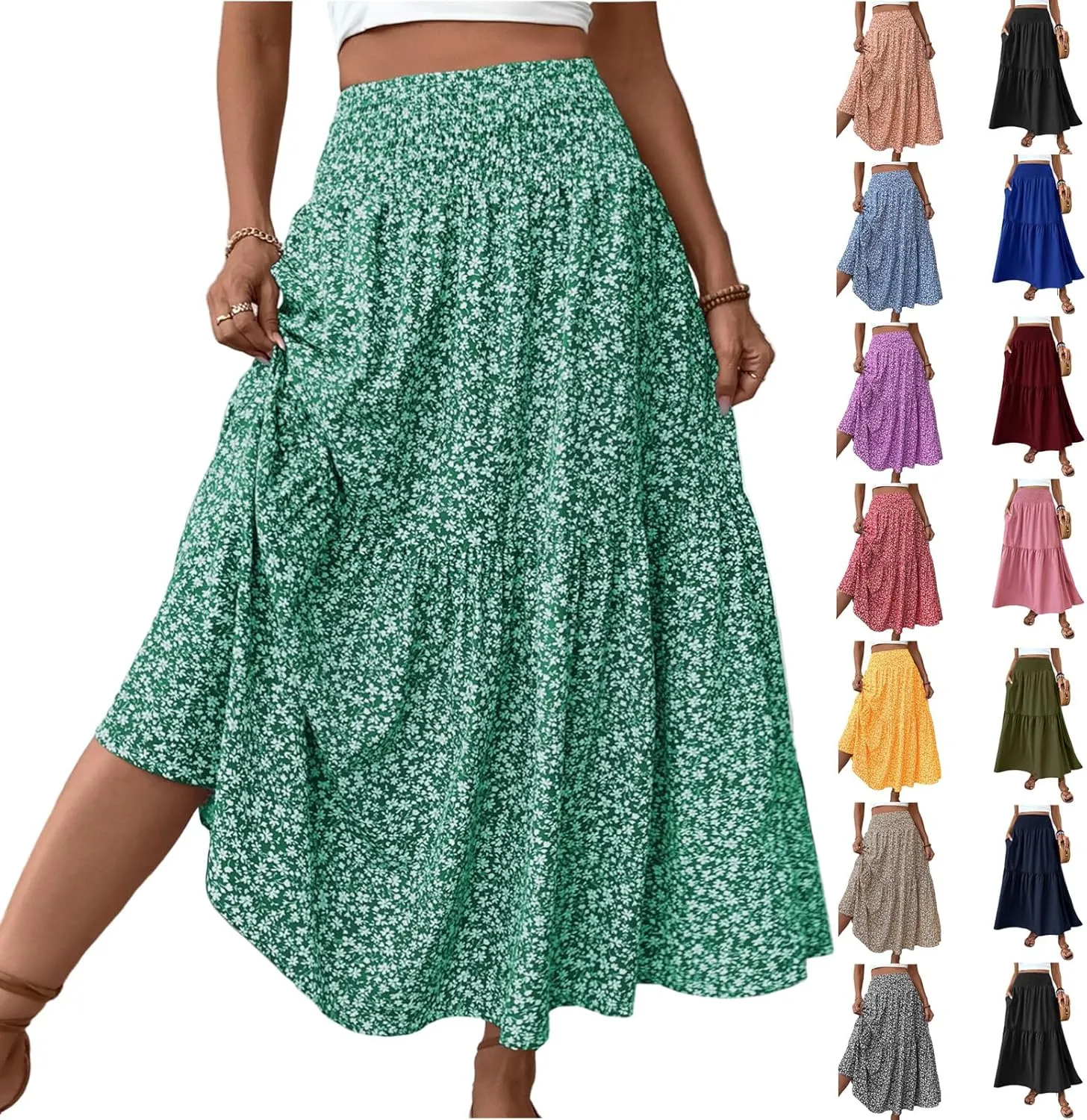 Boho Skirts for Women Floral Tiered Flowy Long Skirts 2025 Summer Beach Smocked Elastic High Skirt with Pocket