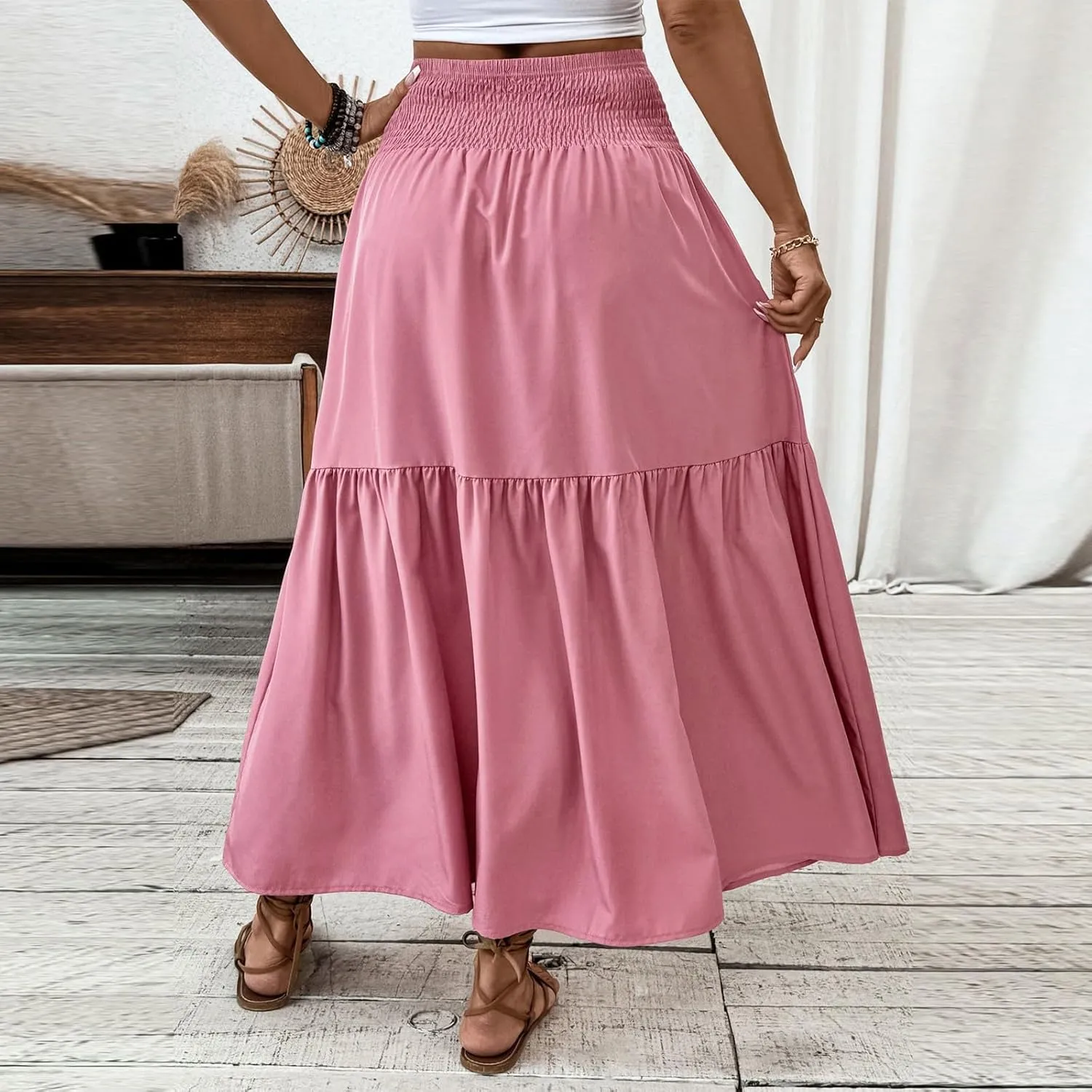 Boho Skirts for Women Floral Tiered Flowy Long Skirts 2025 Summer Beach Smocked Elastic High Skirt with Pocket