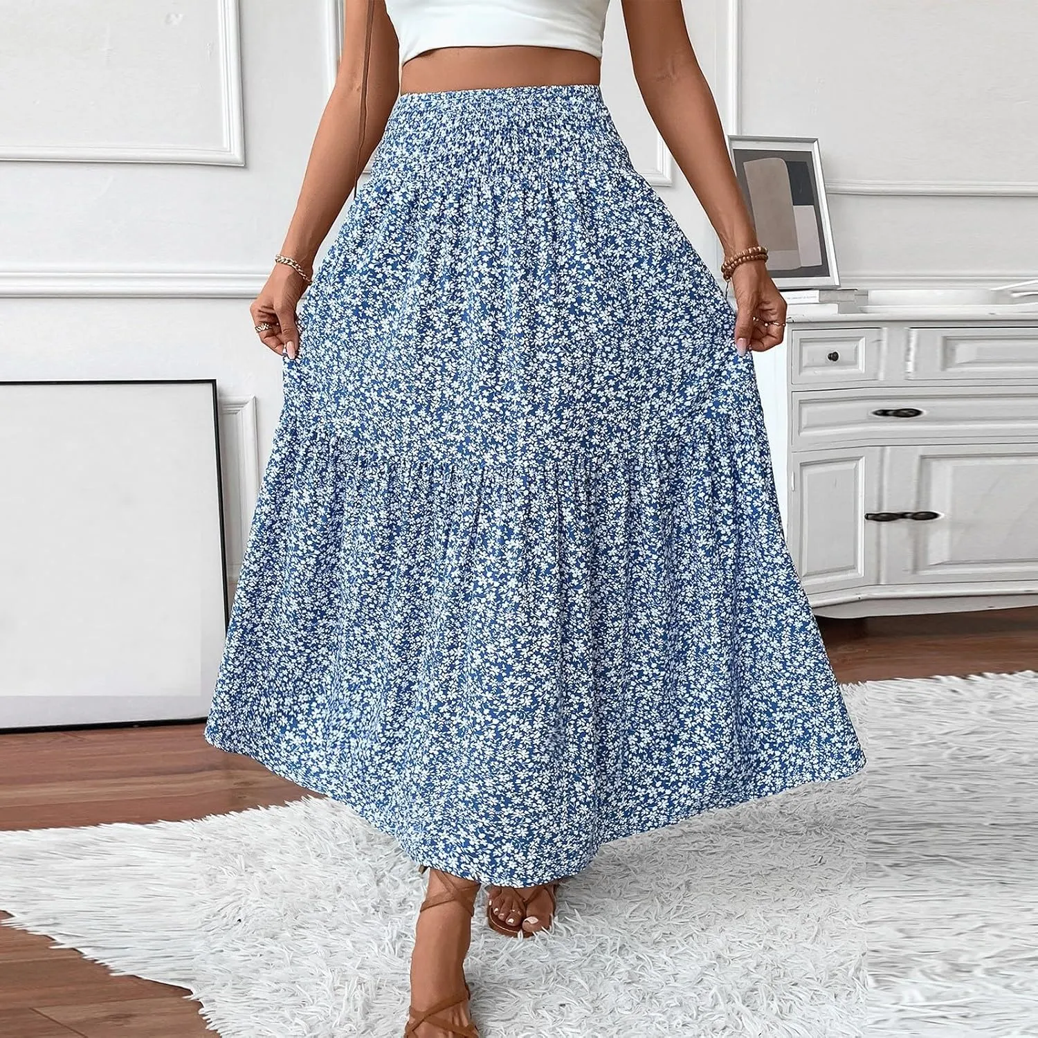 Boho Skirts for Women Floral Tiered Flowy Long Skirts 2025 Summer Beach Smocked Elastic High Skirt with Pocket
