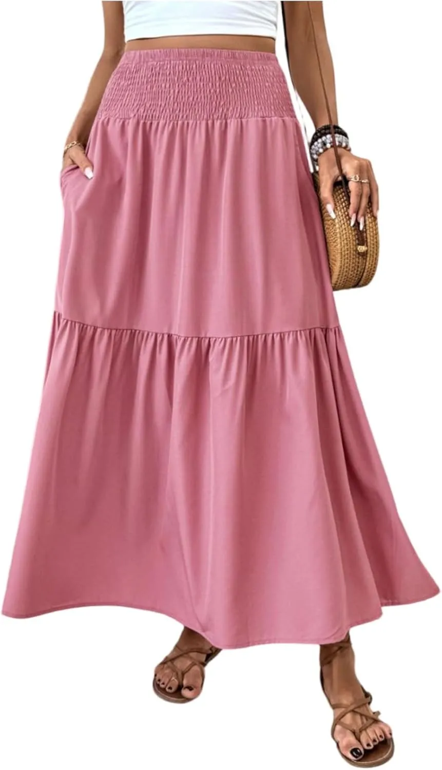 Boho Skirts for Women Floral Tiered Flowy Long Skirts 2025 Summer Beach Smocked Elastic High Skirt with Pocket