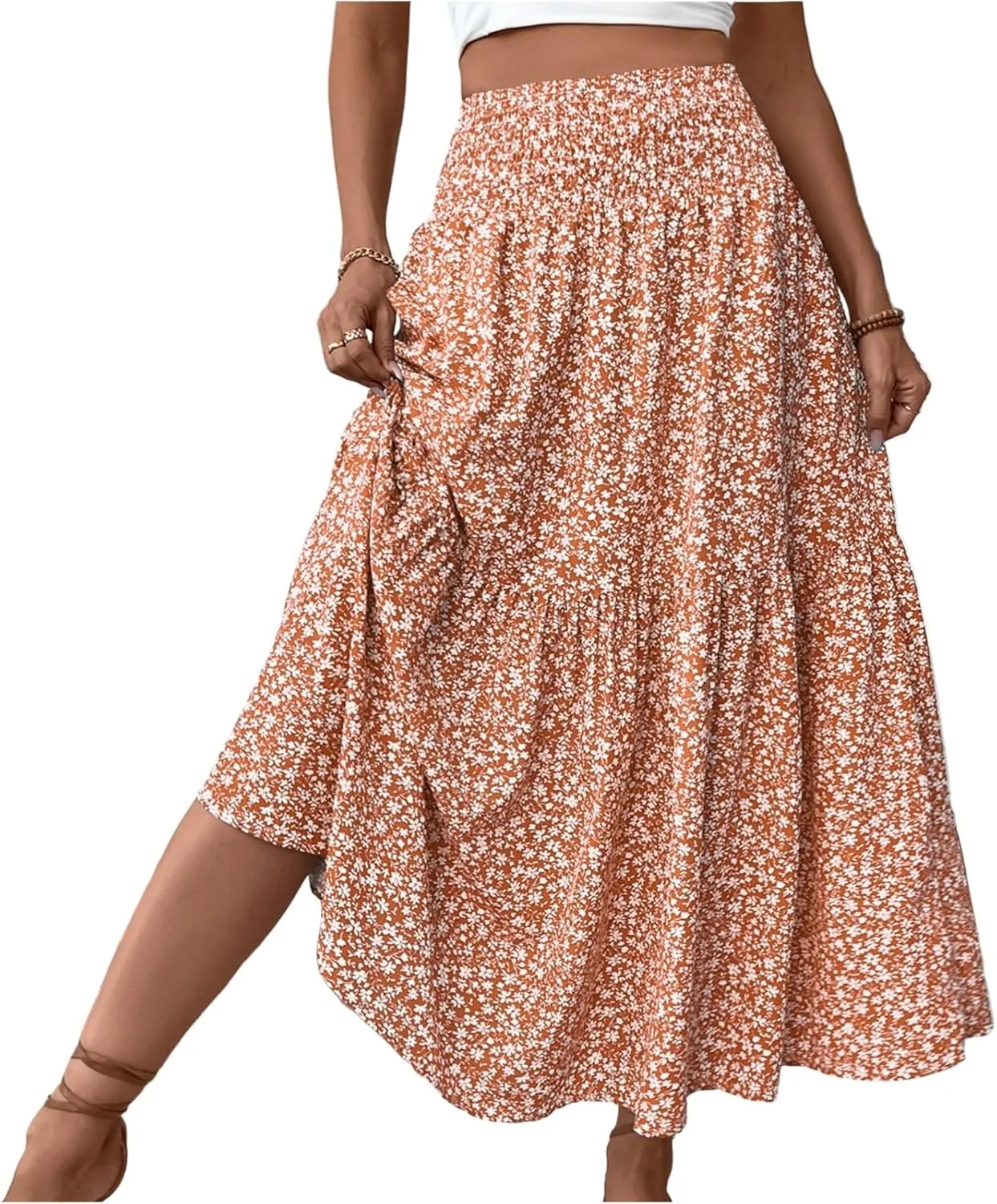 Boho Skirts for Women Floral Tiered Flowy Long Skirts 2025 Summer Beach Smocked Elastic High Skirt with Pocket