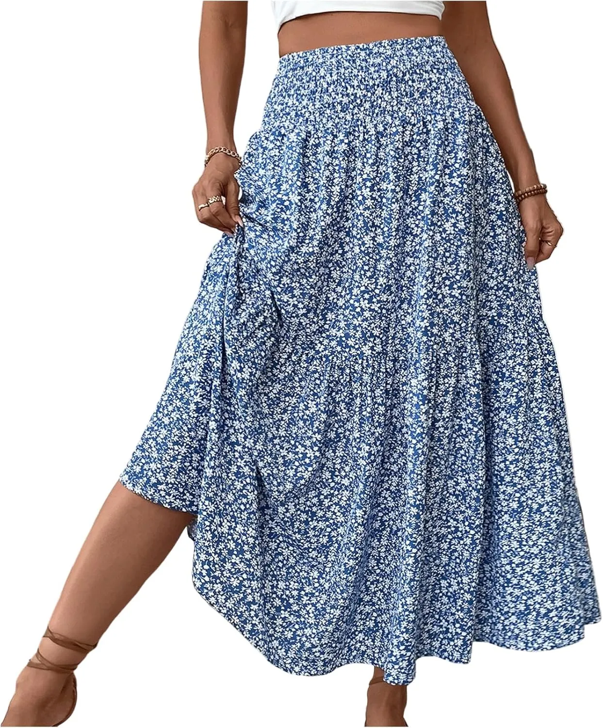 Boho Skirts for Women Floral Tiered Flowy Long Skirts 2025 Summer Beach Smocked Elastic High Skirt with Pocket