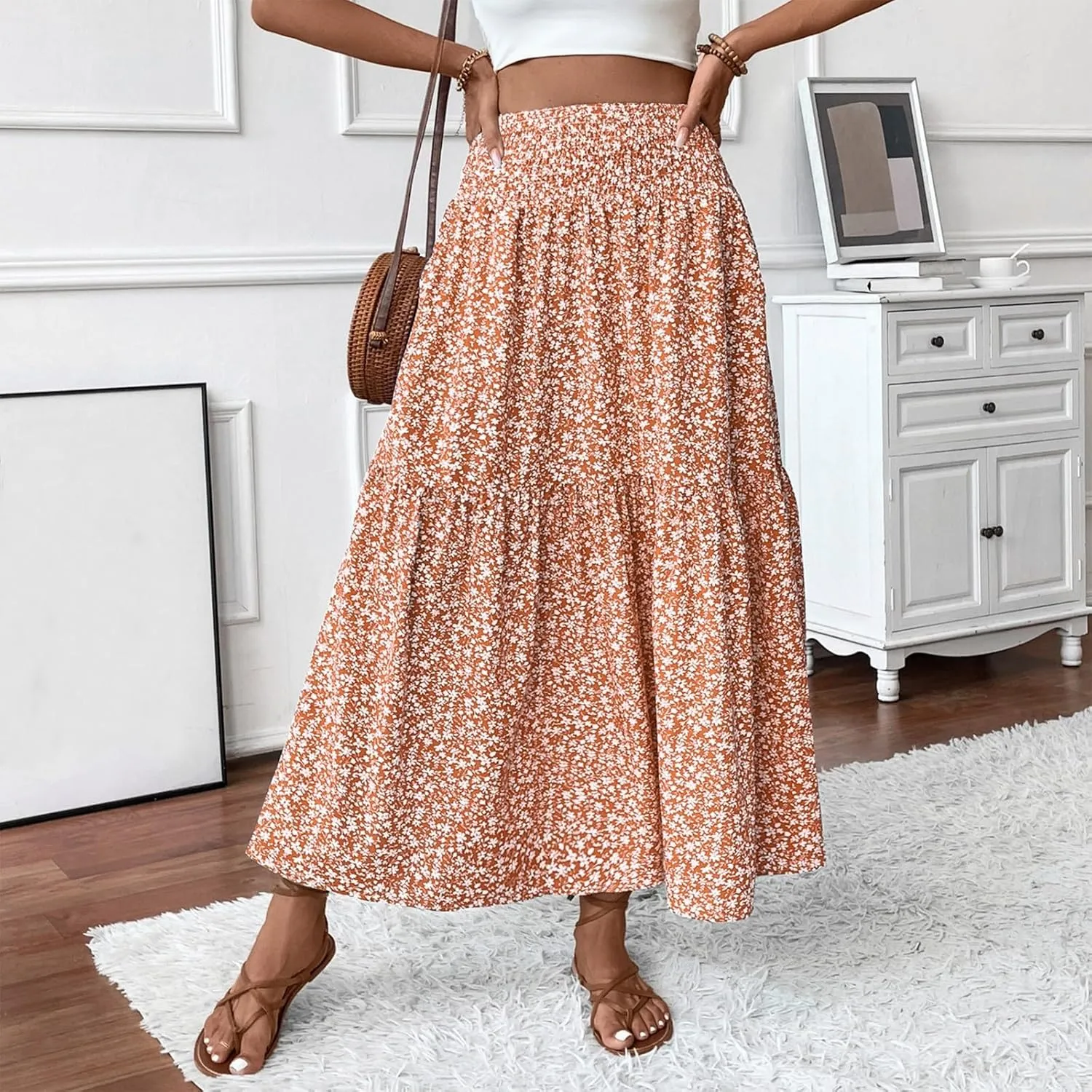 Boho Skirts for Women Floral Tiered Flowy Long Skirts 2025 Summer Beach Smocked Elastic High Skirt with Pocket