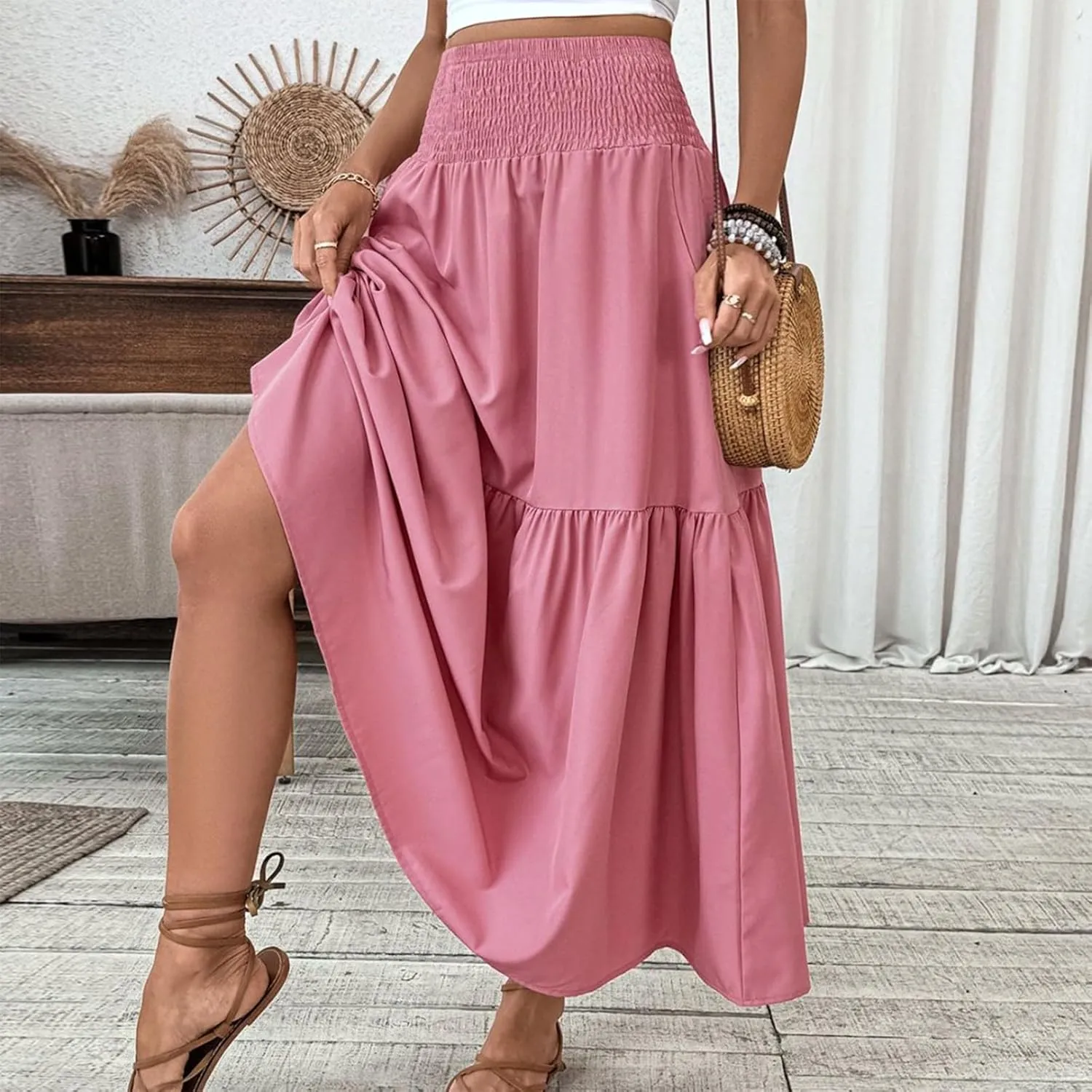 Boho Skirts for Women Floral Tiered Flowy Long Skirts 2025 Summer Beach Smocked Elastic High Skirt with Pocket