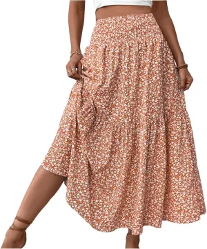 Boho Skirts for Women Floral Tiered Flowy Long Skirts 2025 Summer Beach Smocked Elastic High Skirt with Pocket