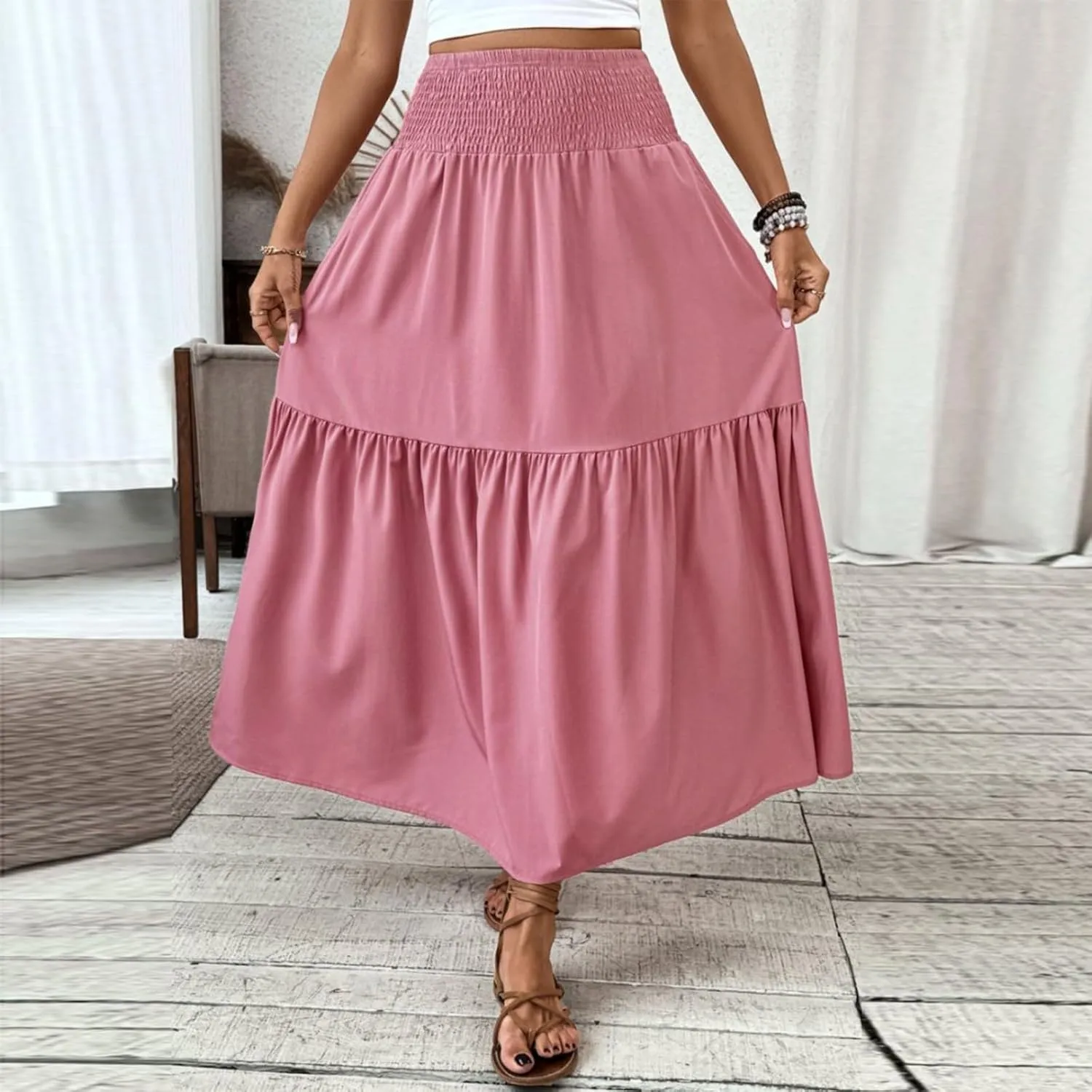Boho Skirts for Women Floral Tiered Flowy Long Skirts 2025 Summer Beach Smocked Elastic High Skirt with Pocket