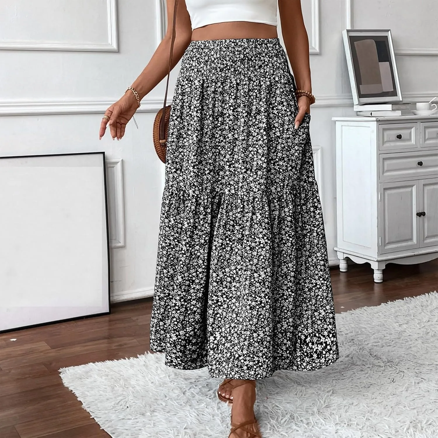 Boho Skirts for Women Floral Tiered Flowy Long Skirts 2025 Summer Beach Smocked Elastic High Skirt with Pocket