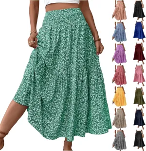 Boho Skirts for Women Floral Tiered Flowy Long Skirts 2025 Summer Beach Smocked Elastic High Skirt with Pocket