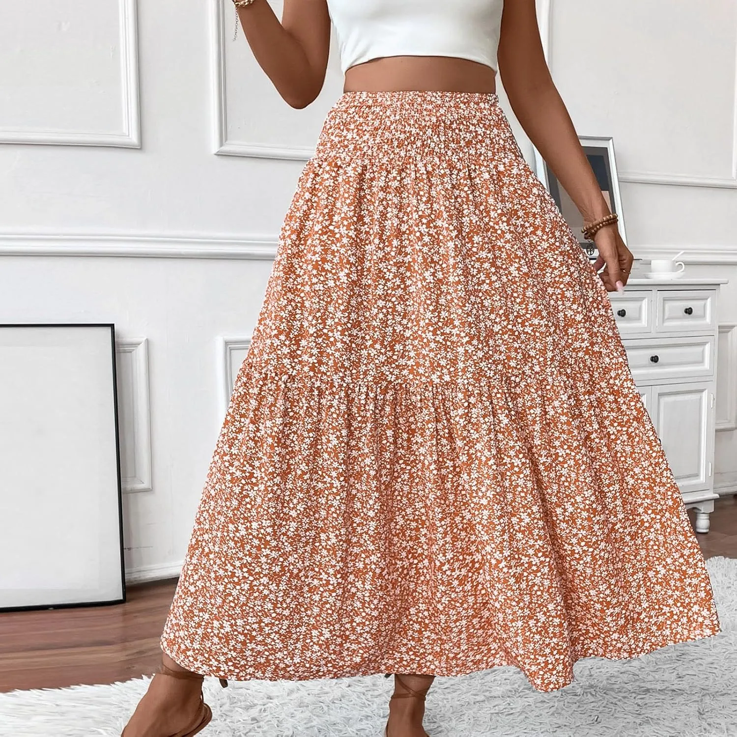 Boho Skirts for Women Floral Tiered Flowy Long Skirts 2025 Summer Beach Smocked Elastic High Skirt with Pocket