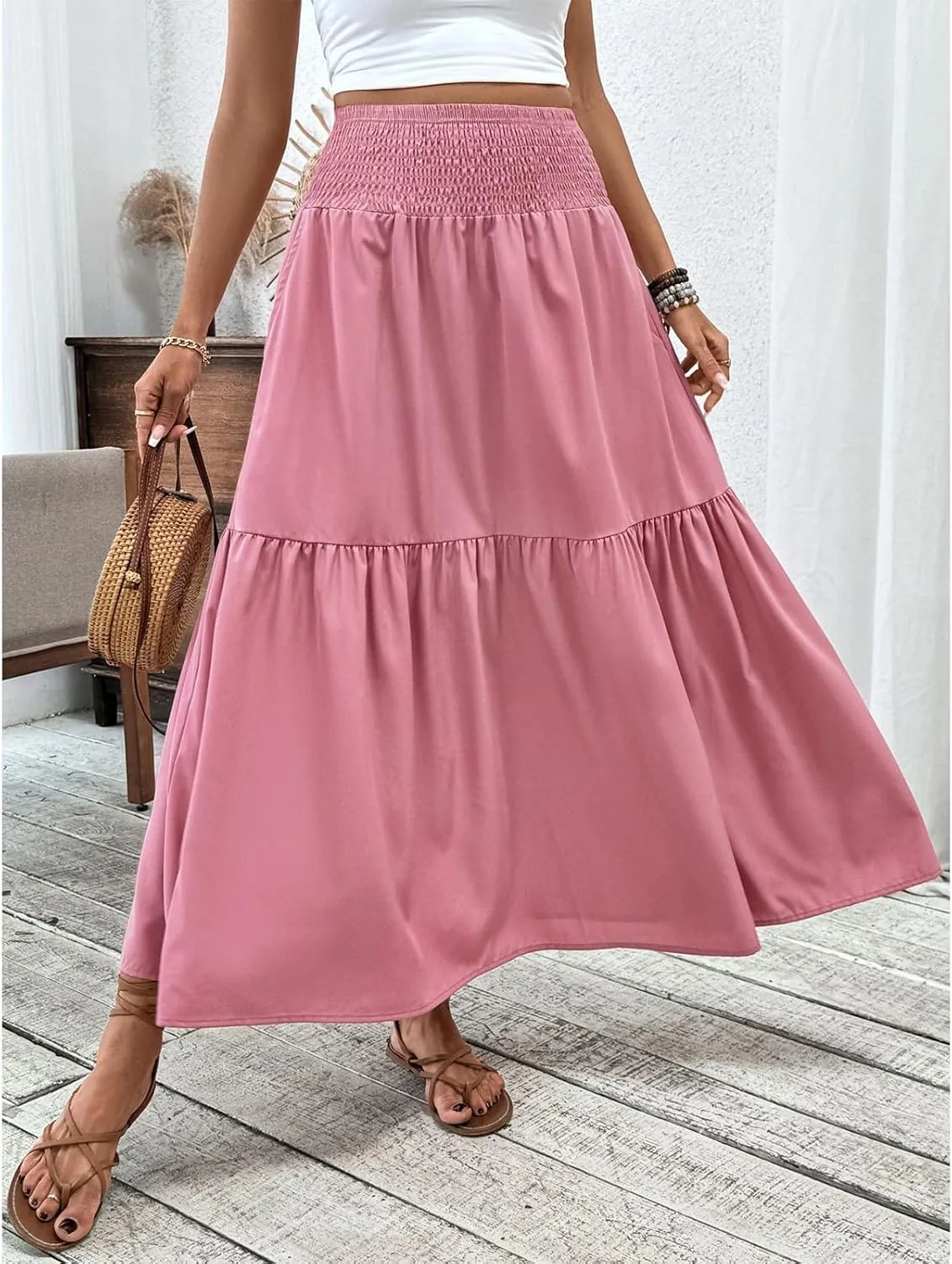Boho Skirts for Women Floral Tiered Flowy Long Skirts 2025 Summer Beach Smocked Elastic High Skirt with Pocket