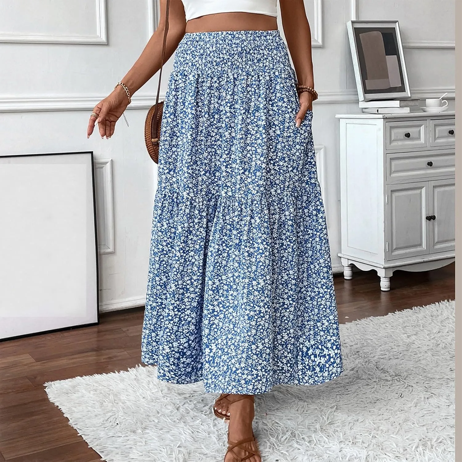 Boho Skirts for Women Floral Tiered Flowy Long Skirts 2025 Summer Beach Smocked Elastic High Skirt with Pocket