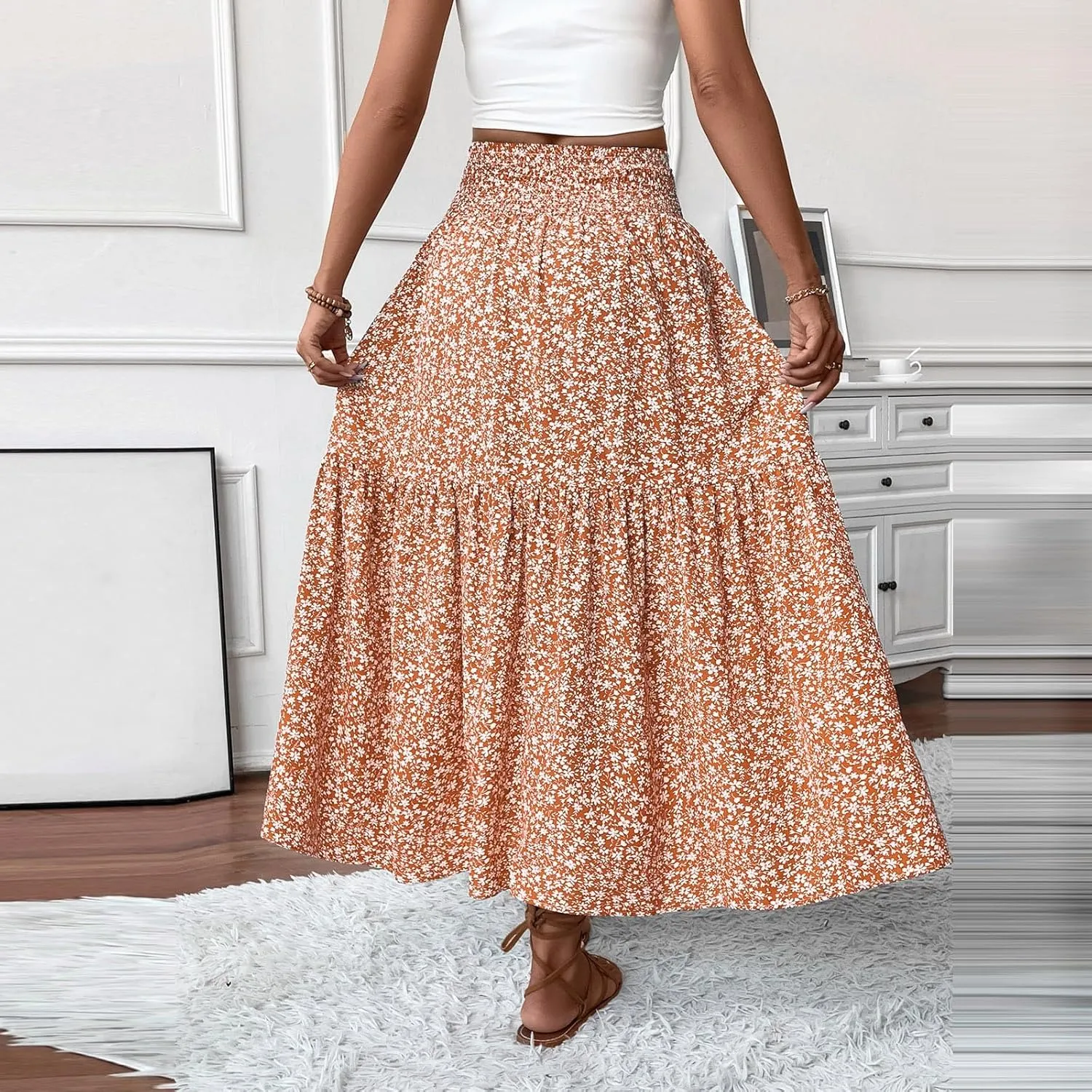 Boho Skirts for Women Floral Tiered Flowy Long Skirts 2025 Summer Beach Smocked Elastic High Skirt with Pocket