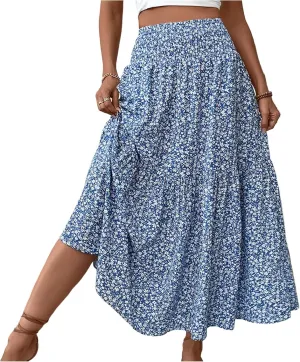 Boho Skirts for Women Floral Tiered Flowy Long Skirts 2025 Summer Beach Smocked Elastic High Skirt with Pocket