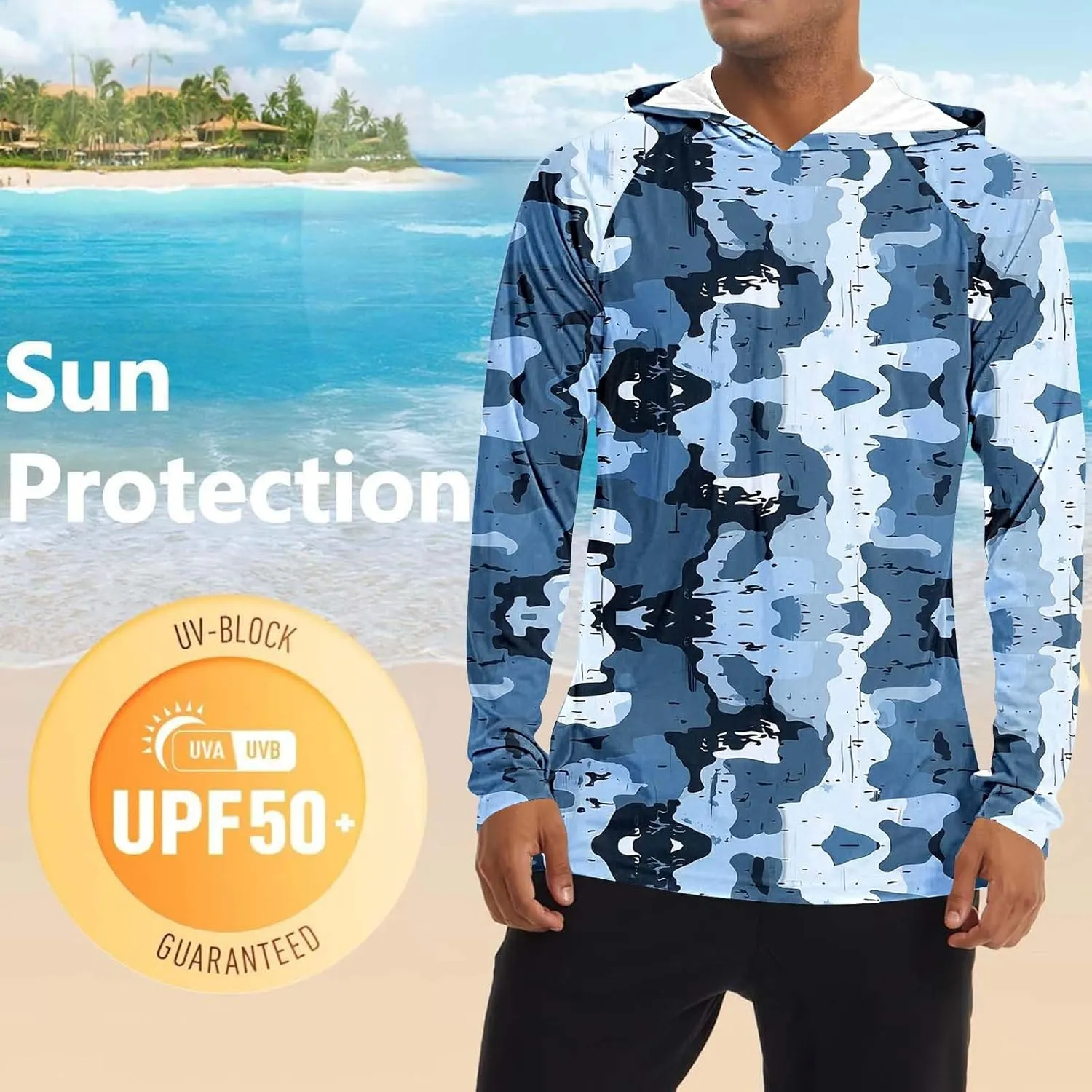 Camo UPF 50  Hoodies for Men Outdoor Hiking Running Shirt Long Sleeve Comfort UV Rash Guard Fishing Shirts