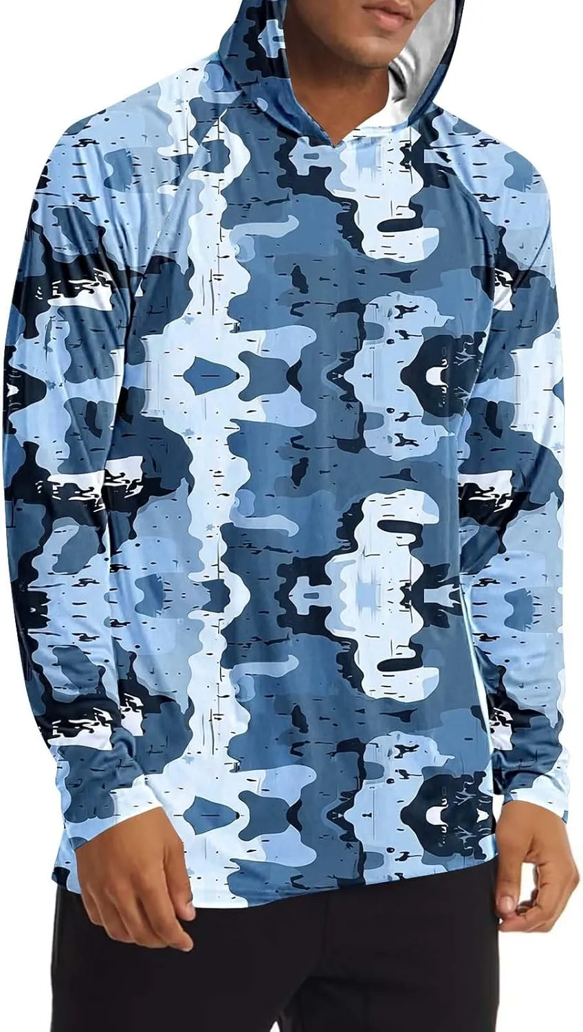 Camo UPF 50  Hoodies for Men Outdoor Hiking Running Shirt Long Sleeve Comfort UV Rash Guard Fishing Shirts