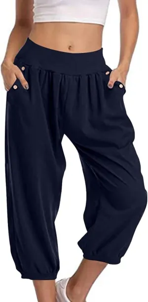 Capri Joggers for Women Elastic Waist Loose Cropped Yoga Harem Pants Casual Lounge Workout Sweatpants with Pockets