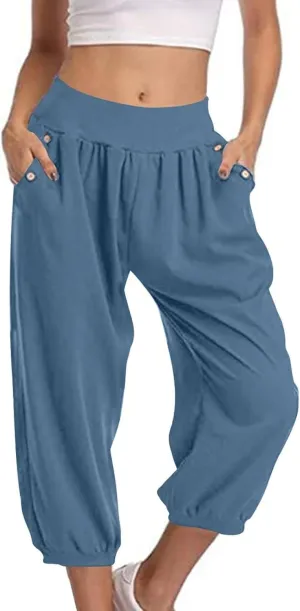 Capri Joggers for Women Elastic Waist Loose Cropped Yoga Harem Pants Casual Lounge Workout Sweatpants with Pockets
