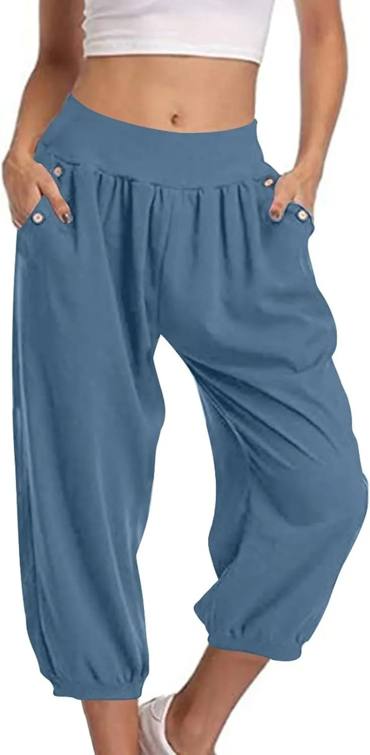 Capri Joggers for Women Elastic Waist Loose Cropped Yoga Harem Pants Casual Lounge Workout Sweatpants with Pockets