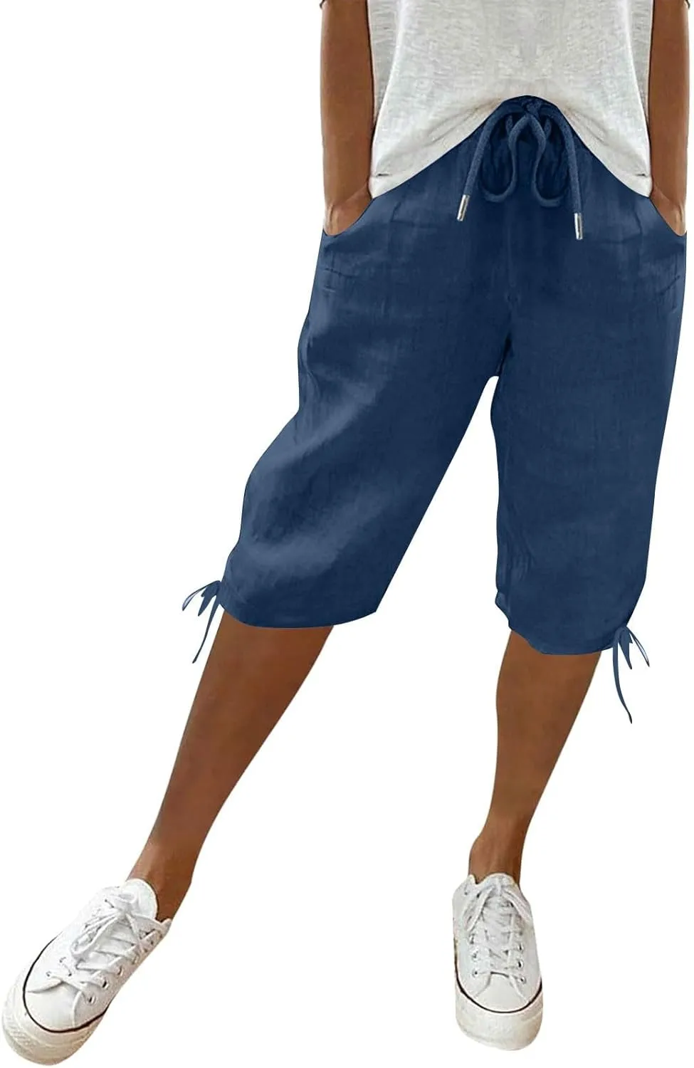 Capris Pants for Women 2025 Summer Cotton Linen Pant Lightweight High Waist Baggy Casual Cropped Trousers w/Pockets