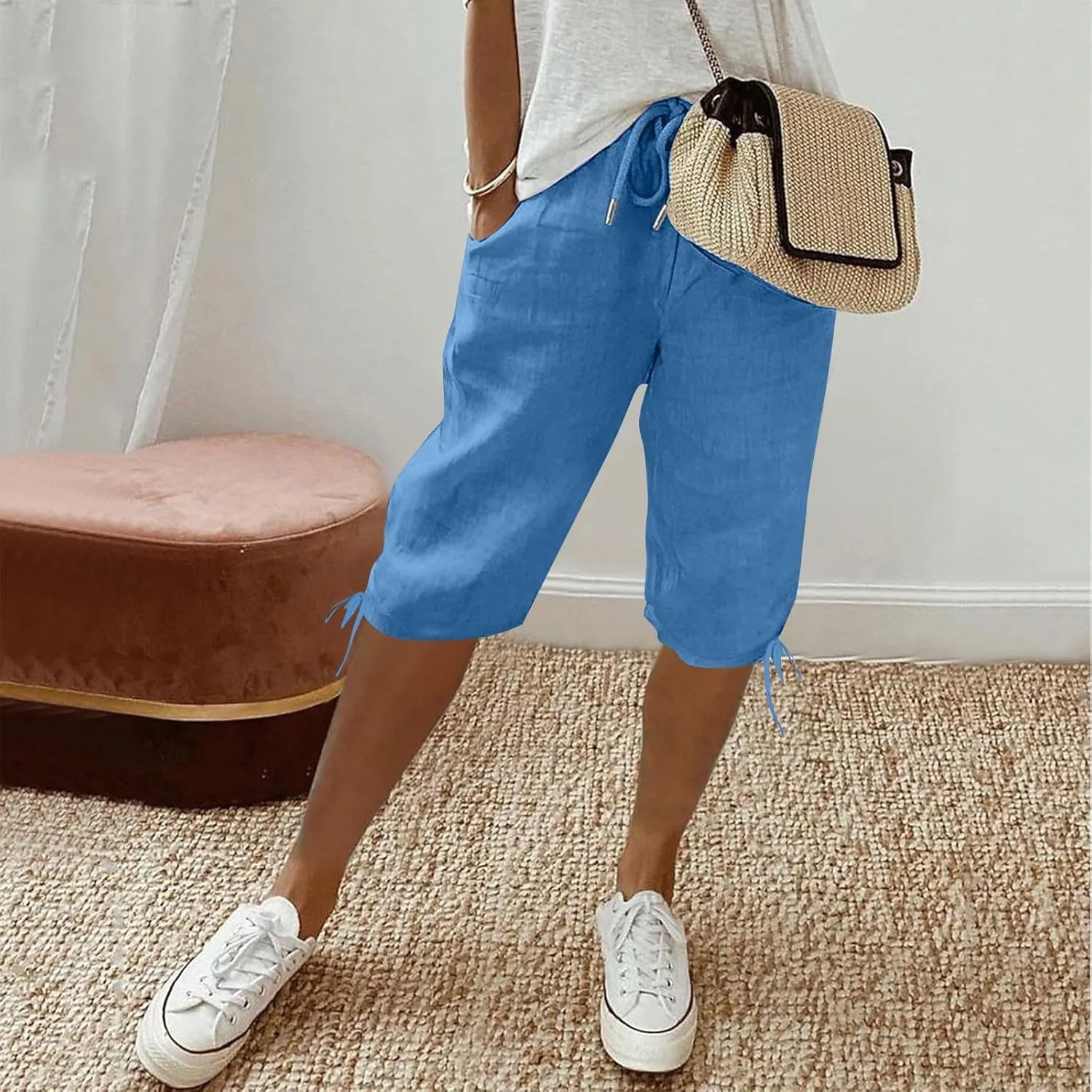 Capris Pants for Women 2025 Summer Cotton Linen Pant Lightweight High Waist Baggy Casual Cropped Trousers w/Pockets