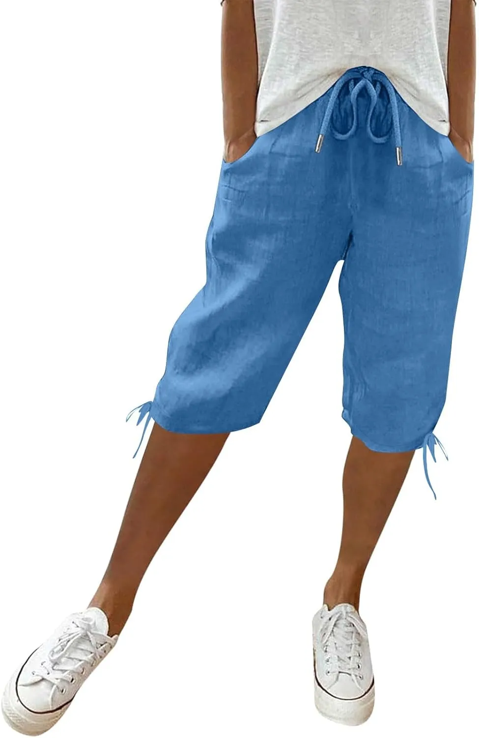 Capris Pants for Women 2025 Summer Cotton Linen Pant Lightweight High Waist Baggy Casual Cropped Trousers w/Pockets