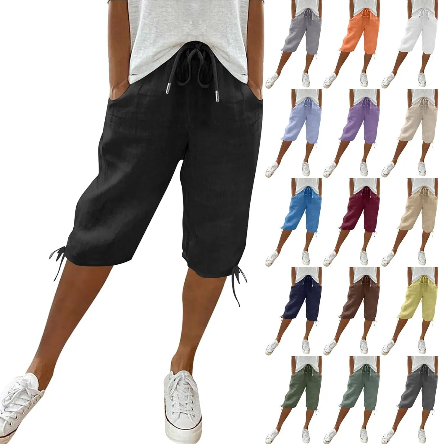 Capris Pants for Women 2025 Summer Cotton Linen Pant Lightweight High Waist Baggy Casual Cropped Trousers w/Pockets
