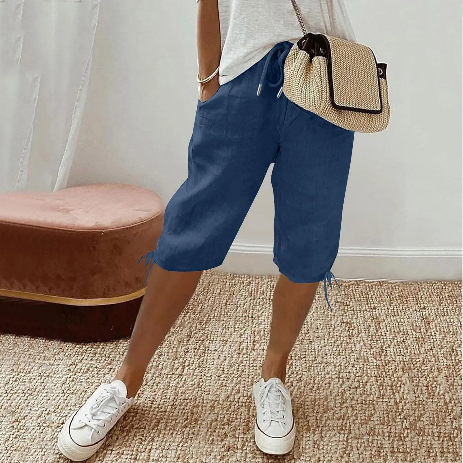 Capris Pants for Women 2025 Summer Cotton Linen Pant Lightweight High Waist Baggy Casual Cropped Trousers w/Pockets