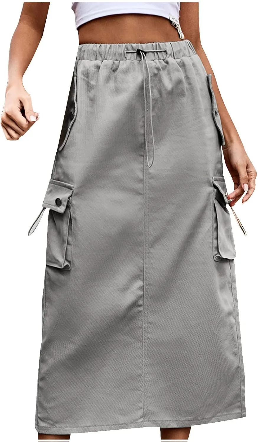 Cargo Maxi Skirts for Women High Waist Utility Pocket Skirt Streetwear Drawstring Long Skirts