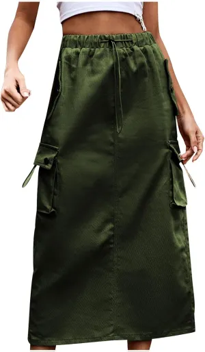 Cargo Maxi Skirts for Women High Waist Utility Pocket Skirt Streetwear Drawstring Long Skirts