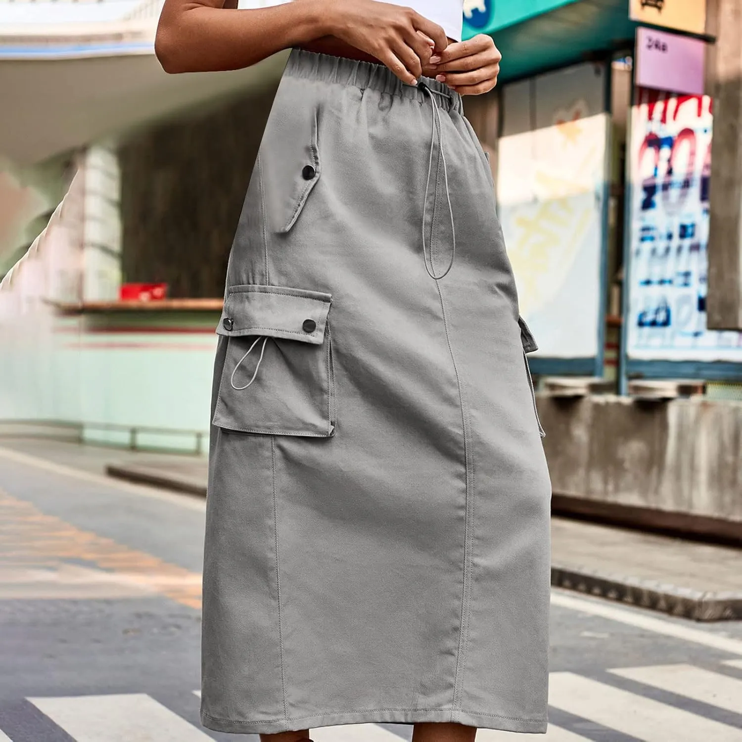 Cargo Maxi Skirts for Women High Waist Utility Pocket Skirt Streetwear Drawstring Long Skirts
