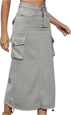 Cargo Skirts for Women Fashion Summer Denim Work Dress Pocket Skirt Loose Fit Button Solid Ankle Length Skirts
