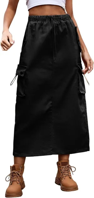 Cargo Skirts for Women High Waisted Casual A Line Side Drawstring Y2K Midi Long Skirt with Pockets Trendy Outfits