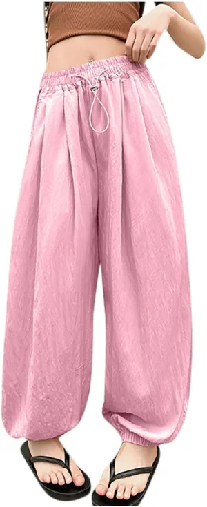 Children Boy Girl Track Athletic Trousers Pants for Kid Faux Silk Loose Fit Thin Summer Fall 2025