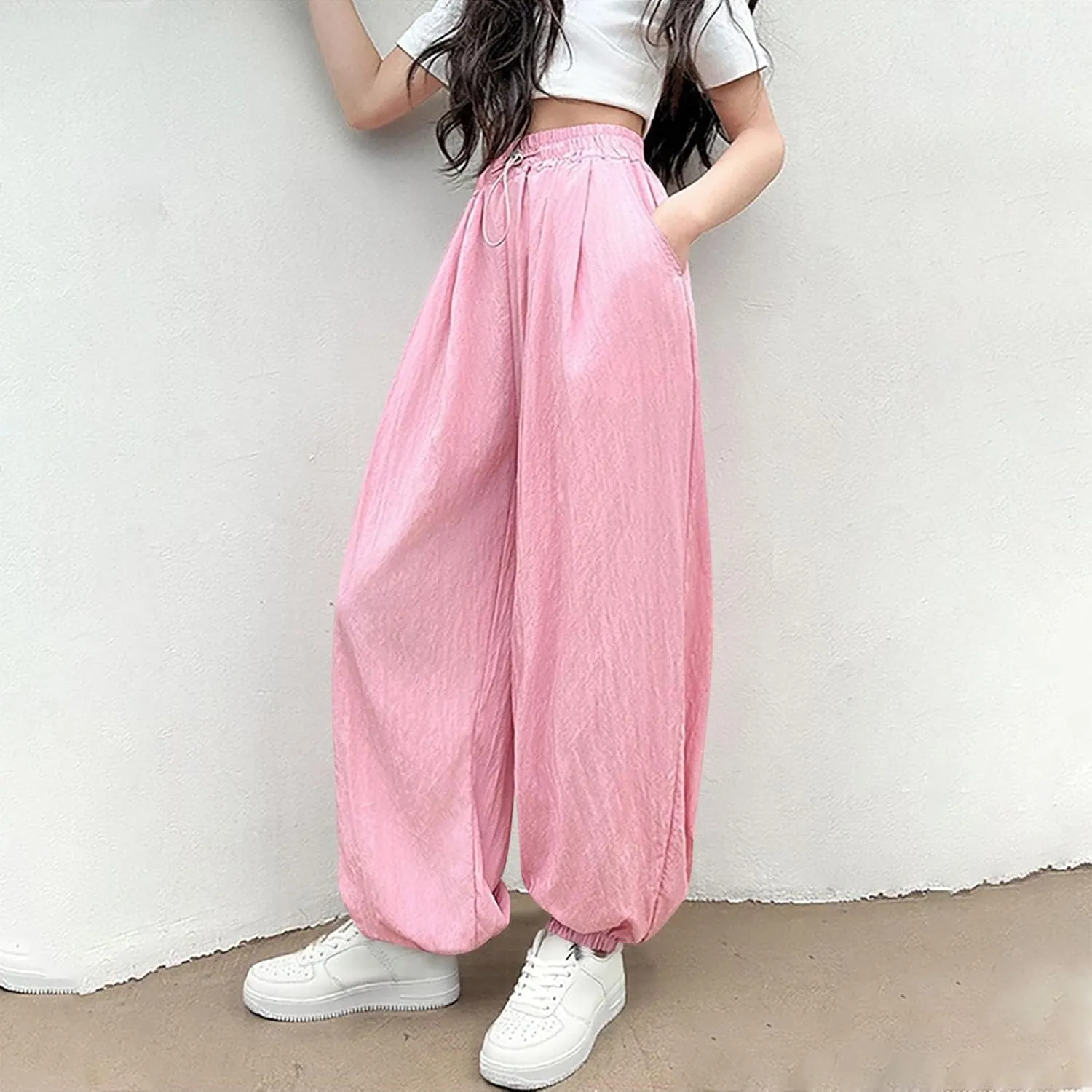 Children Boy Girl Track Athletic Trousers Pants for Kid Faux Silk Loose Fit Thin Summer Fall 2025