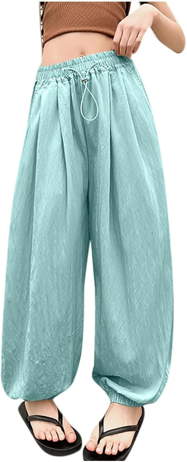 Children Boy Girl Track Athletic Trousers Pants for Kid Faux Silk Loose Fit Thin Summer Fall 2025