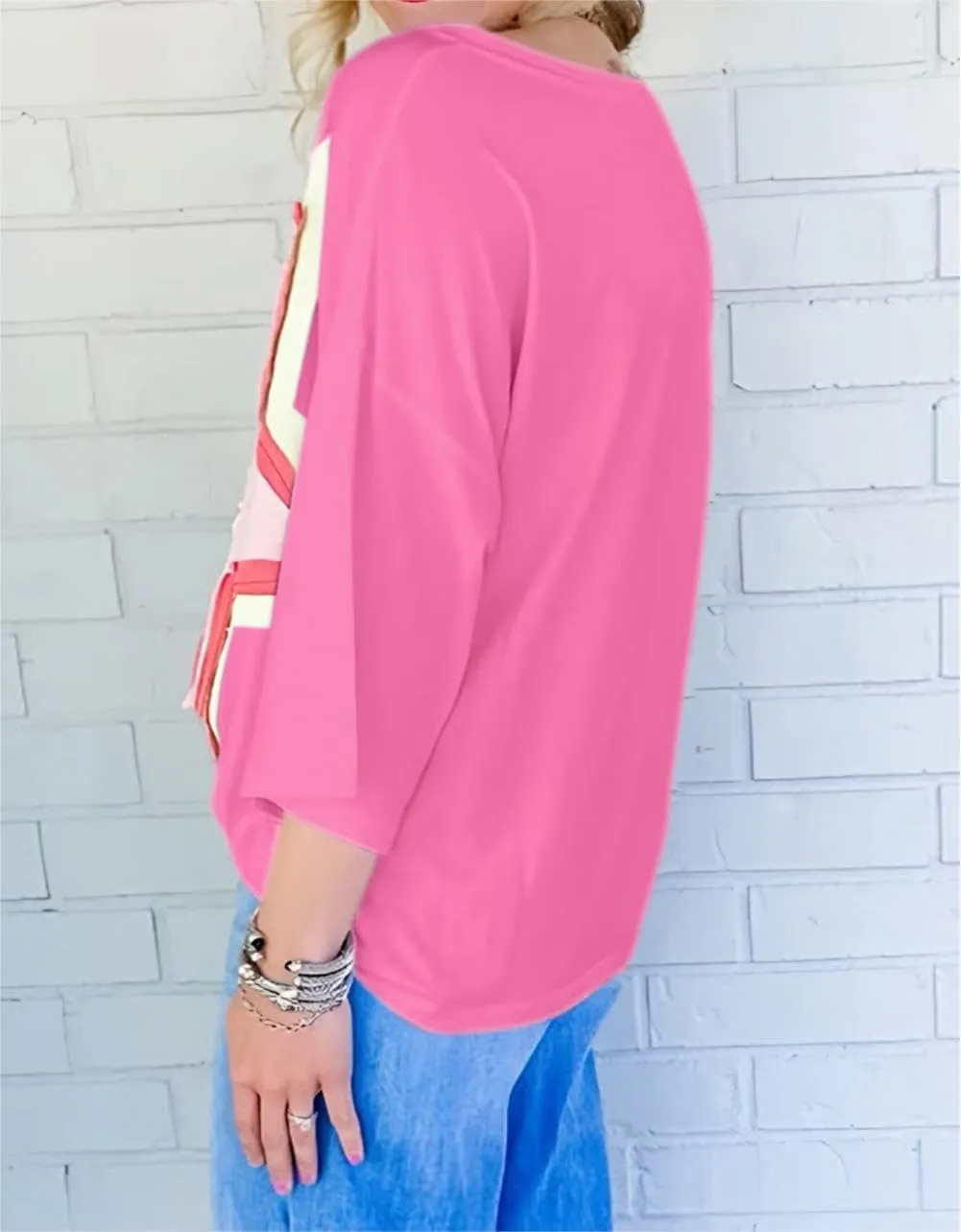 Chvity Women Colorblock Star Patched Half Sleeve Oversized Tee Top Crewneck Fashion Summer Blouses Shirts