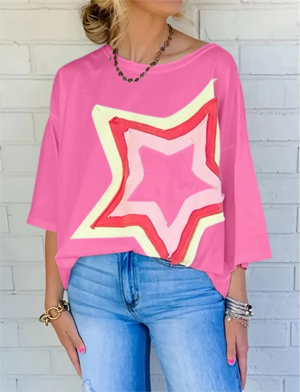 Chvity Women Colorblock Star Patched Half Sleeve Oversized Tee Top Crewneck Fashion Summer Blouses Shirts