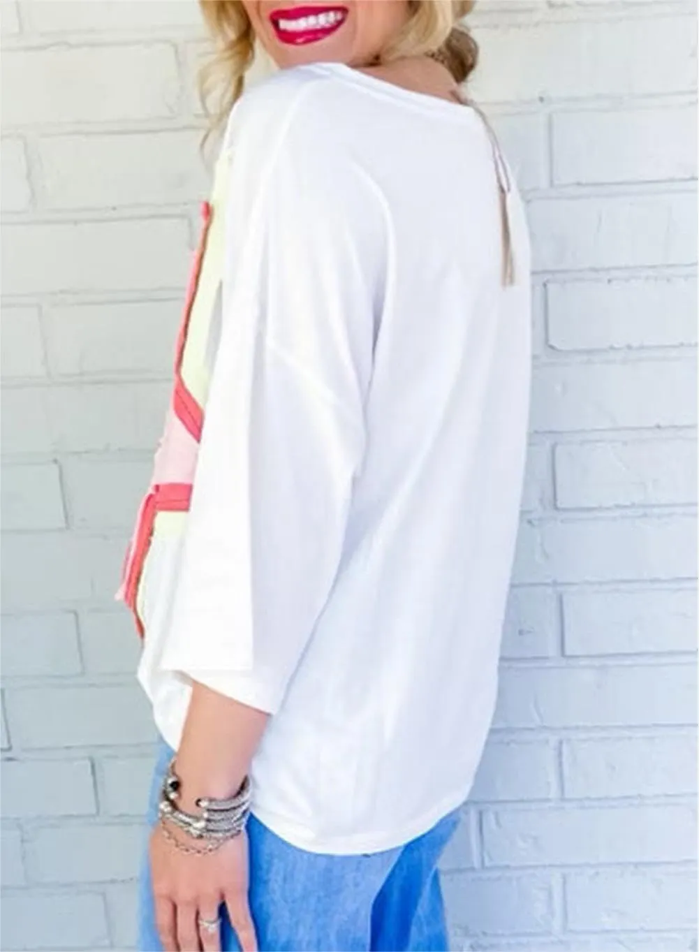 Chvity Women Colorblock Star Patched Half Sleeve Oversized Tee Top Crewneck Fashion Summer Blouses Shirts