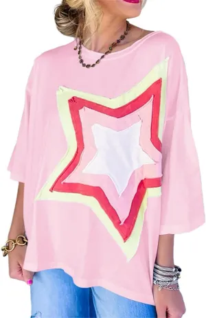 Chvity Women Colorblock Star Patched Half Sleeve Oversized Tee Top Crewneck Fashion Summer Blouses Shirts
