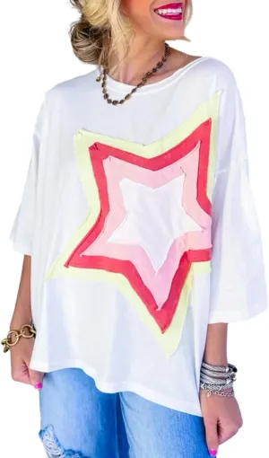Chvity Women Colorblock Star Patched Half Sleeve Oversized Tee Top Crewneck Fashion Summer Blouses Shirts