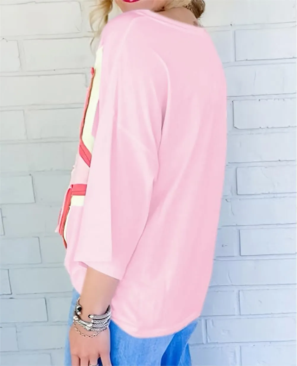 Chvity Women Colorblock Star Patched Half Sleeve Oversized Tee Top Crewneck Fashion Summer Blouses Shirts