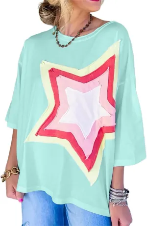Chvity Women Colorblock Star Patched Half Sleeve Oversized Tee Top Crewneck Fashion Summer Blouses Shirts
