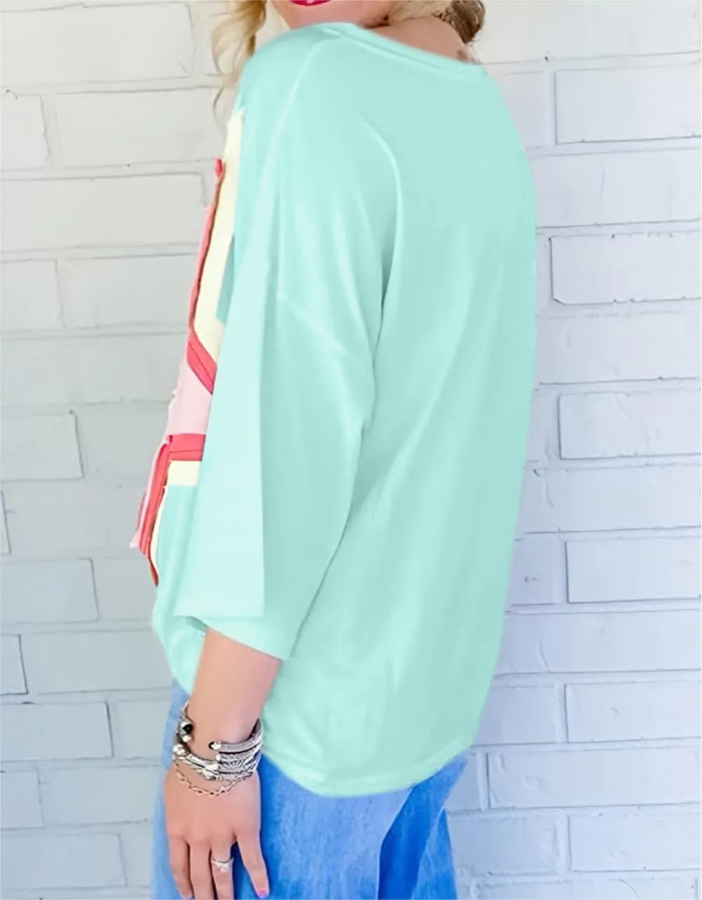 Chvity Women Colorblock Star Patched Half Sleeve Oversized Tee Top Crewneck Fashion Summer Blouses Shirts