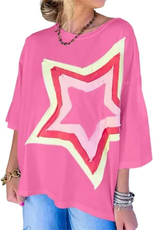 Chvity Women Colorblock Star Patched Half Sleeve Oversized Tee Top Crewneck Fashion Summer Blouses Shirts
