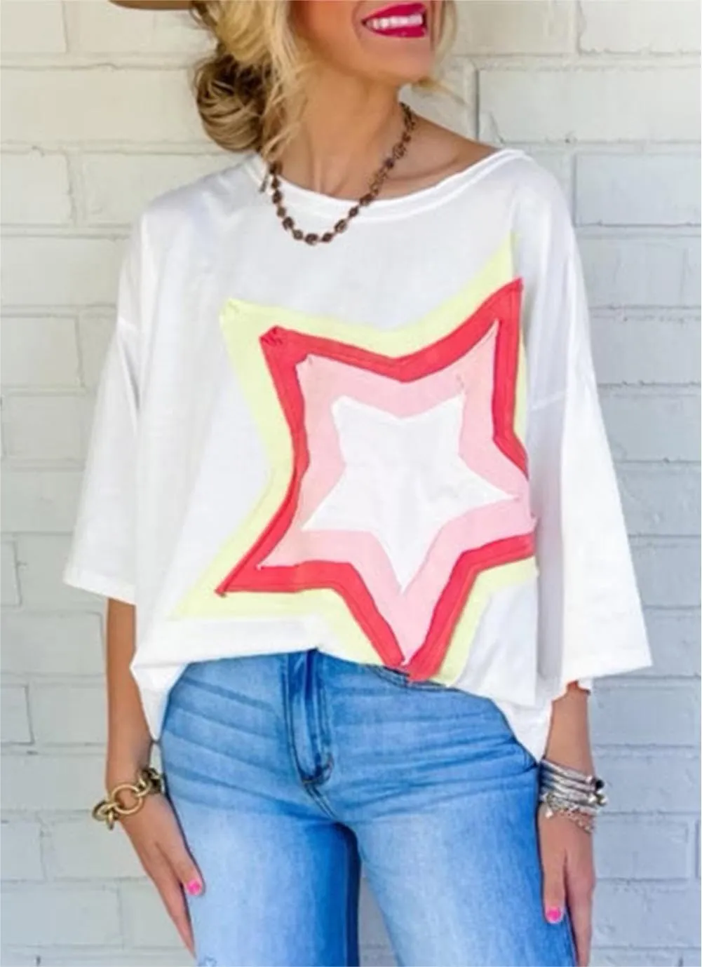 Chvity Women Colorblock Star Patched Half Sleeve Oversized Tee Top Crewneck Fashion Summer Blouses Shirts